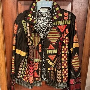 Wonderful vintage SANDY STARKMAN APPLIQUÉ AND STUDDED JACKET LEOPARD LINED. M.